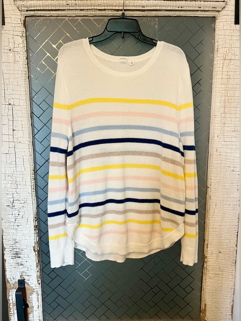 GAP White Crewneck Sweater with Yellow, Pink, Blue & Navy Stripes